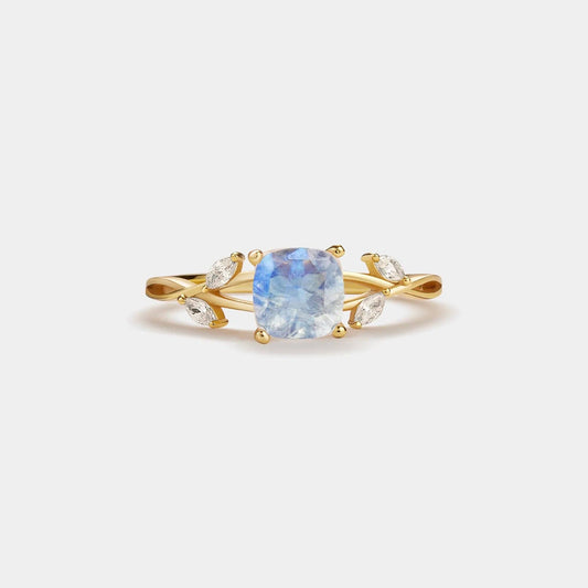 Natural Cushion Moonstone Leaf Ring in 925 Sterling Silver