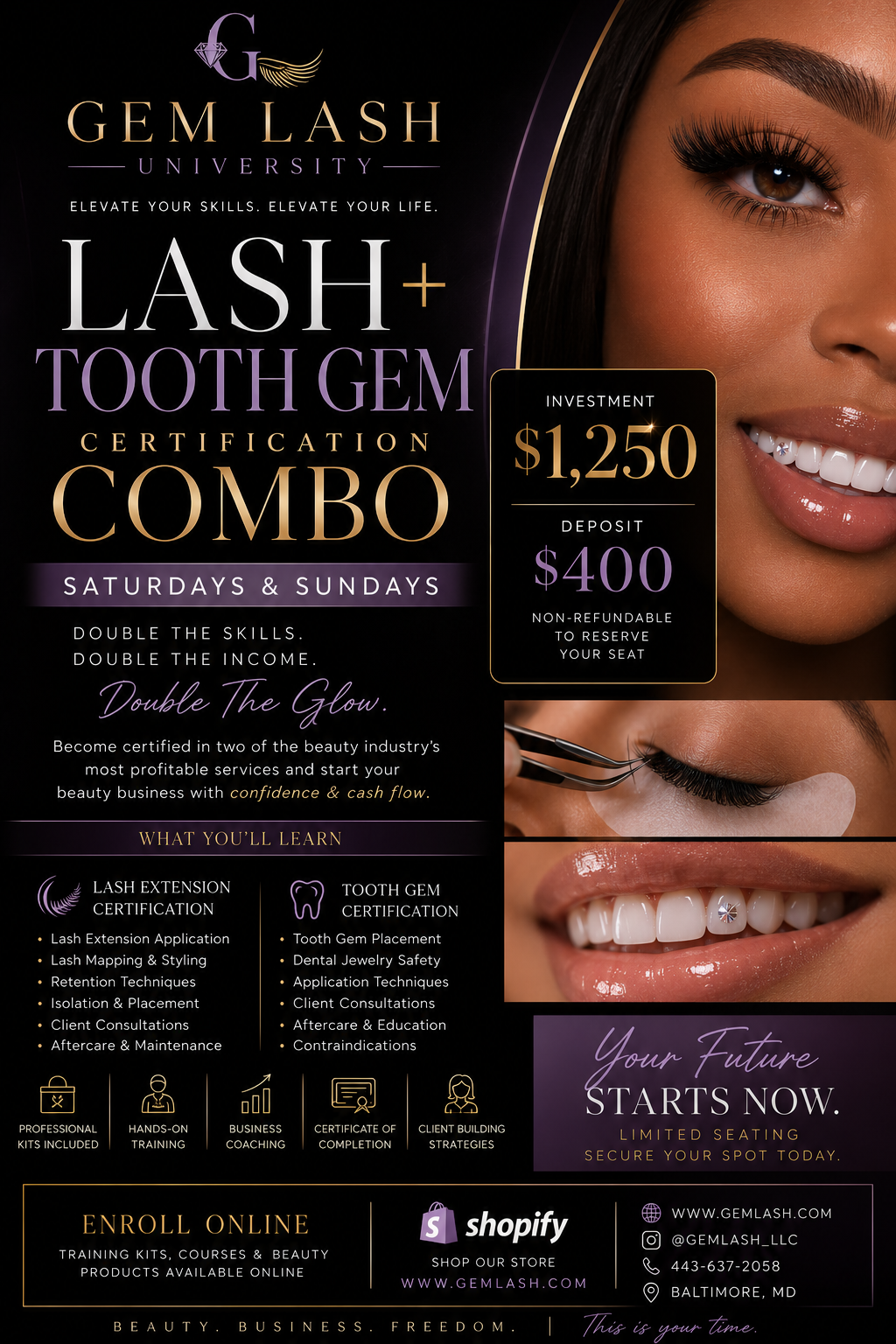 Eyelash Extension Training + Tooth Gem Training Certification Combo Training (Bi-Weekend Program)