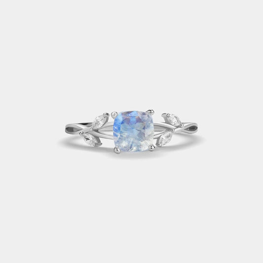 Natural Cushion Moonstone Leaf Ring in 925 Sterling Silver