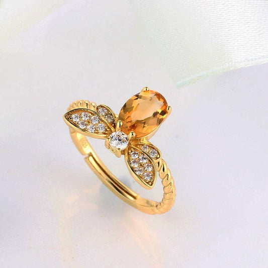 Dainty Gold Citrine Bee Stacking Ring in 925 Sterling Silver