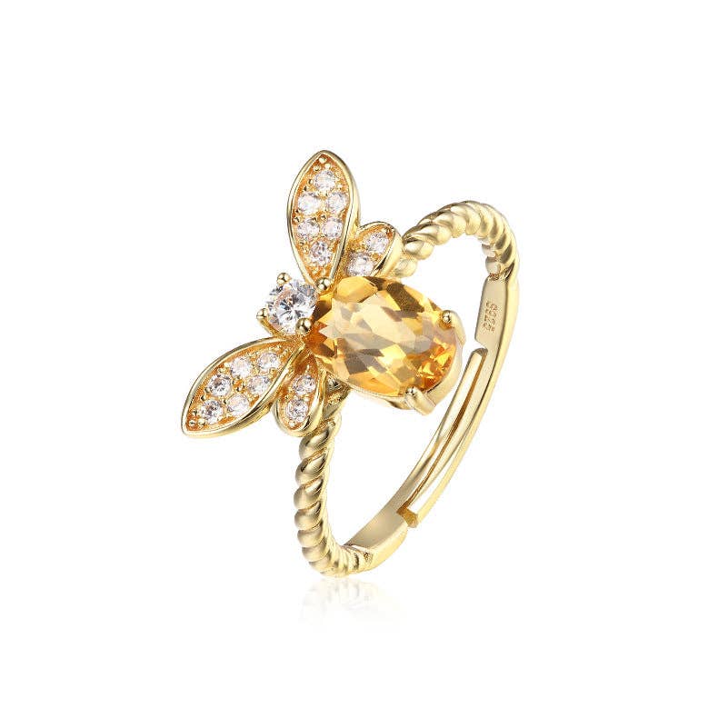 Dainty Gold Citrine Bee Stacking Ring in 925 Sterling Silver