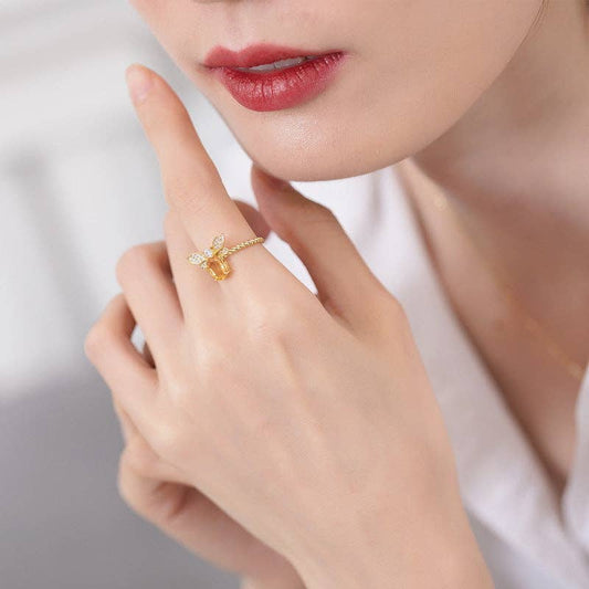 Dainty Gold Citrine Bee Stacking Ring in 925 Sterling Silver