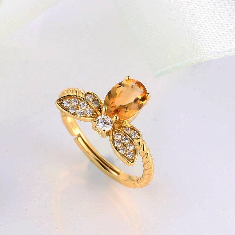 Dainty Gold Citrine Bee Stacking Ring in 925 Sterling Silver