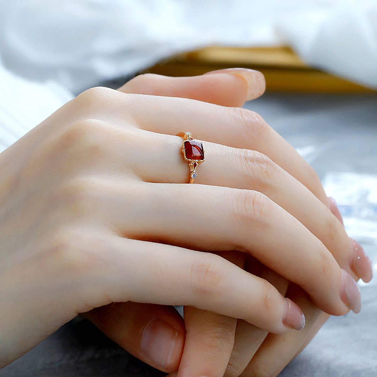 Vintage Gold Square Amber Statement Ring in Solid Copper