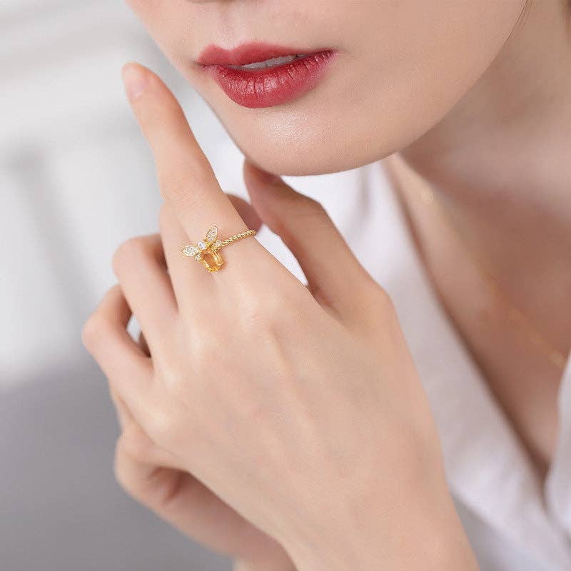 Dainty Gold Citrine Bee Stacking Ring in 925 Sterling Silver